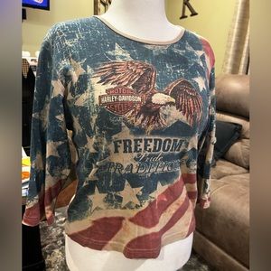 HARLEY DAVIDSON patriotic ladies shirt long sleeves, bling made in USA 🇺🇸
